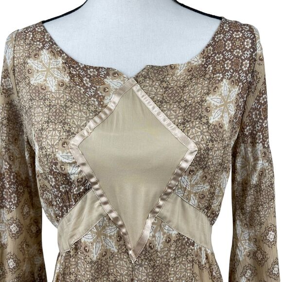 Kookai Mini Dress Size 2 Beige Brown Geometric Floral Long Sleeve Boho Hippie - Picture 2 of 12